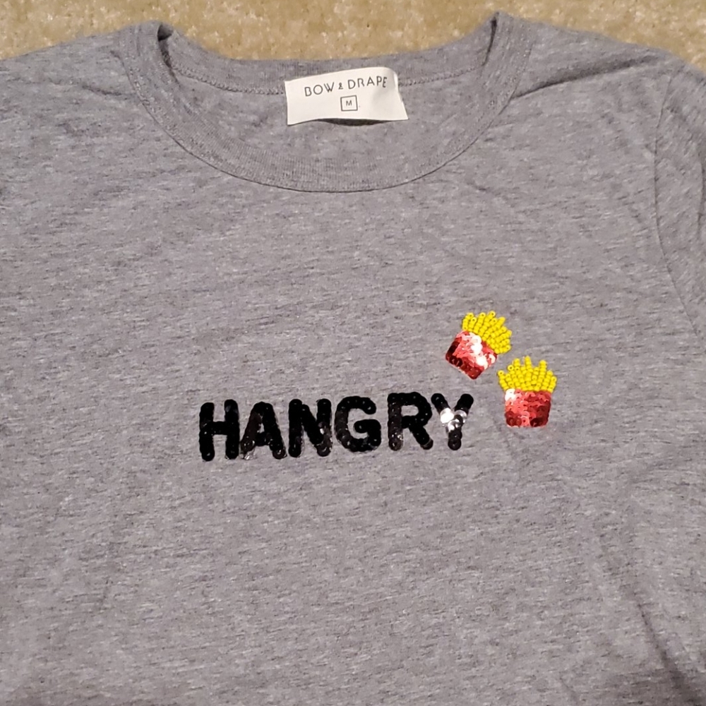 Bow & Drape HANGRY grey t shirt size medium